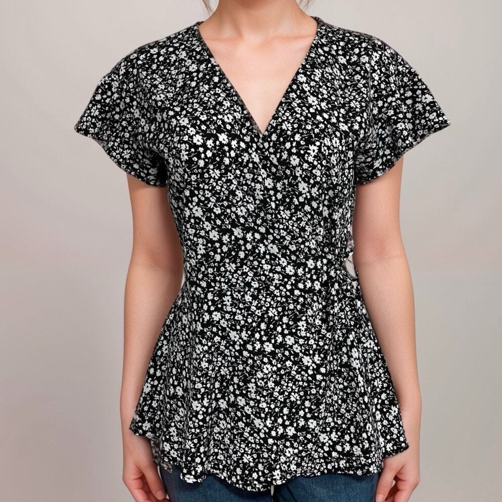 ModCloth Flutter Sleeve Wrap Blouse Ditsy Floral Print